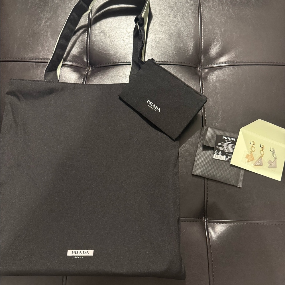 NEW Prada reversible Black/lime beauty Tote Bag with charms and smaller pouch